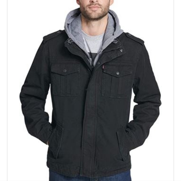 Levi's Men's Washed Cotton Hooded Military Jacket, Black, Large - Picture 2 of 5